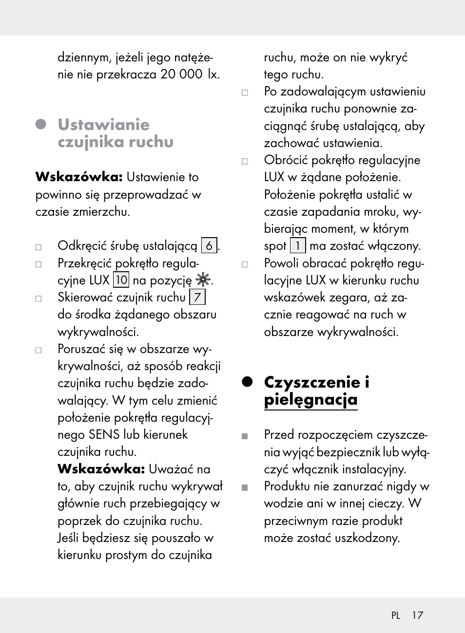 Ustawianie czujnika ruchu, Czyszczenie i pielęgnacja | Livarno Z31710A, Z31710B User Manual | Page 17 / 64