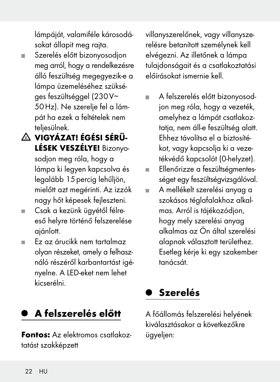 A felszerelés előtt, Szerelés | Livarno Z31710A, Z31710B User Manual | Page 22 / 64