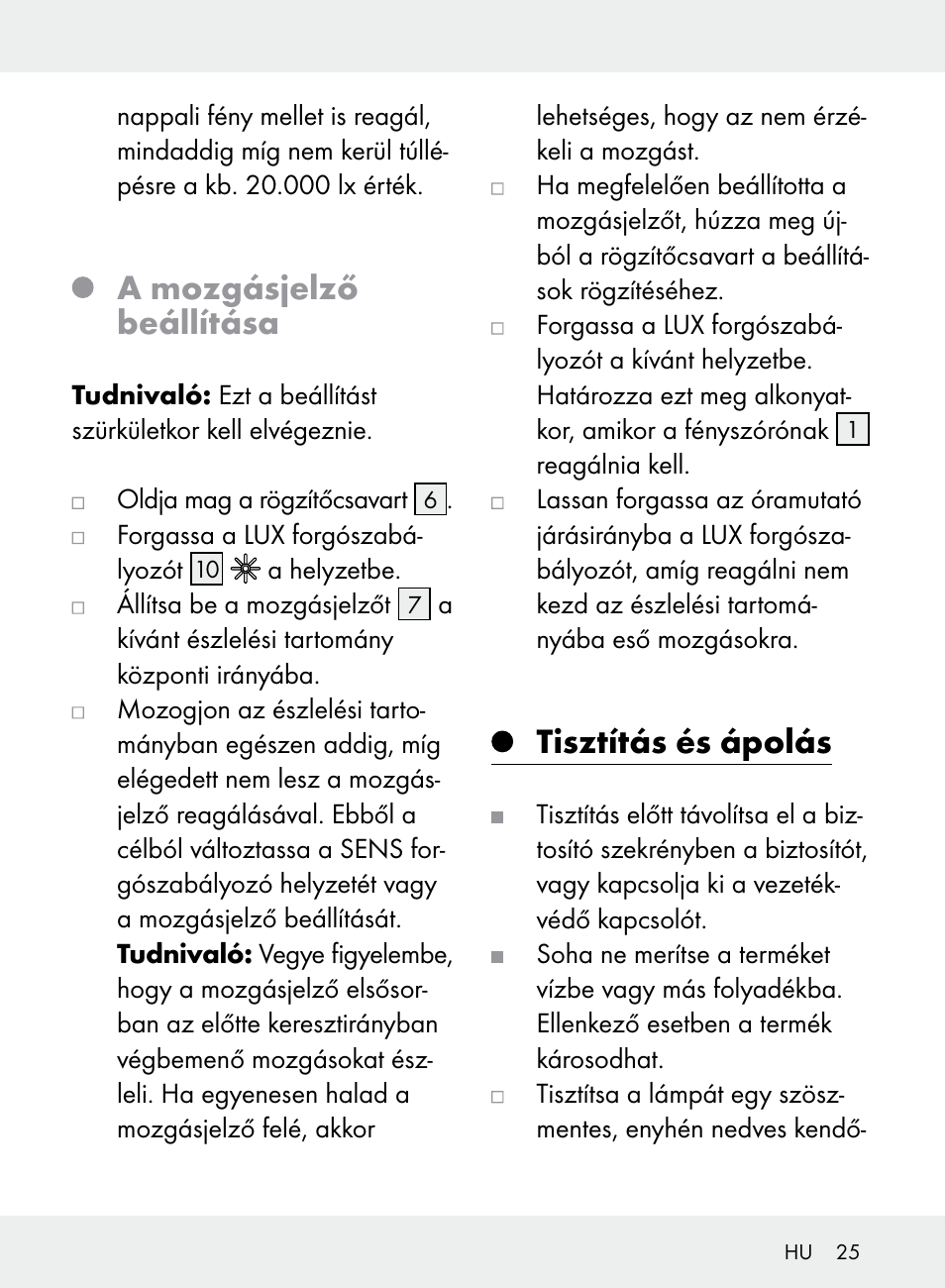 A mozgásjelző beállítása, Tisztítás és ápolás | Livarno Z31710A, Z31710B User Manual | Page 25 / 64