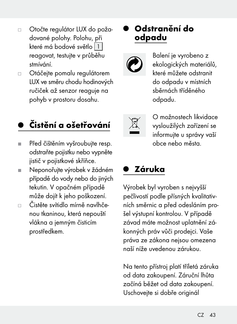 Čistění a ošetřování, Odstranění do odpadu, Záruka | Livarno Z31710A, Z31710B User Manual | Page 43 / 64