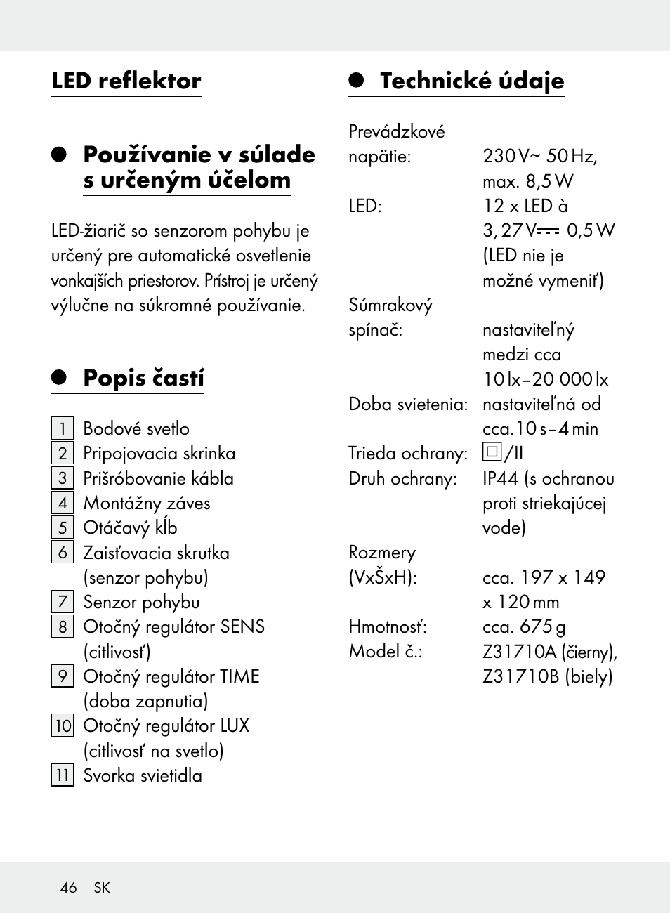 Led reflektor, Používanie v súlade s určeným účelom, Popis častí | Technické údaje | Livarno Z31710A, Z31710B User Manual | Page 46 / 64