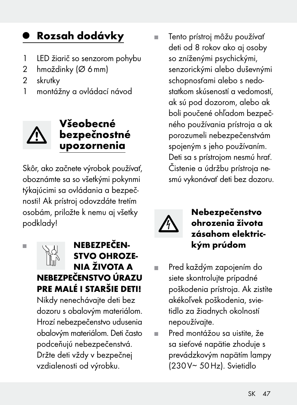 Rozsah dodávky, Všeobecné bezpečnostné upozornenia | Livarno Z31710A, Z31710B User Manual | Page 47 / 64