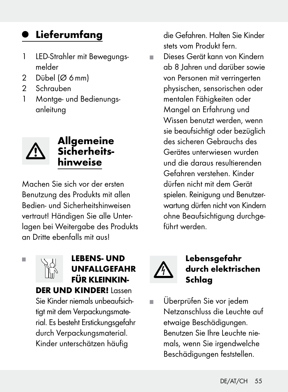 Lieferumfang, Allgemeine sicherheits- hinweise | Livarno Z31710A, Z31710B User Manual | Page 55 / 64