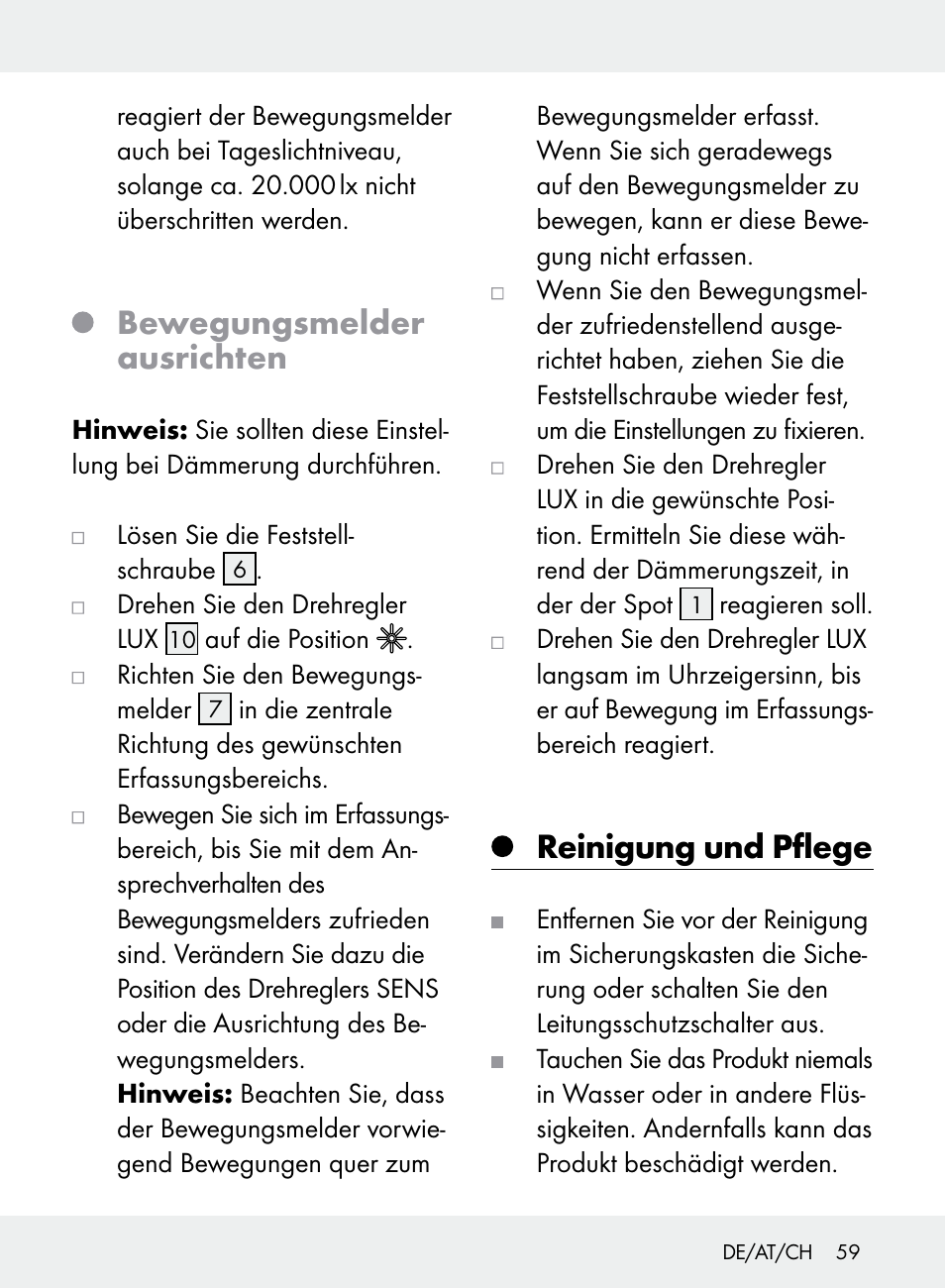 Bewegungsmelder ausrichten, Reinigung und pflege | Livarno Z31710A, Z31710B User Manual | Page 59 / 64