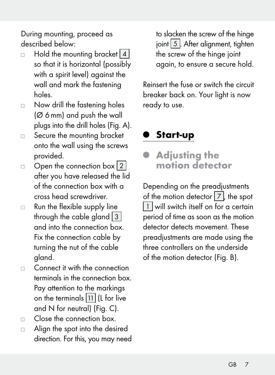 Start-up adjusting the motion detector | Livarno Z31710A, Z31710B User Manual | Page 7 / 64