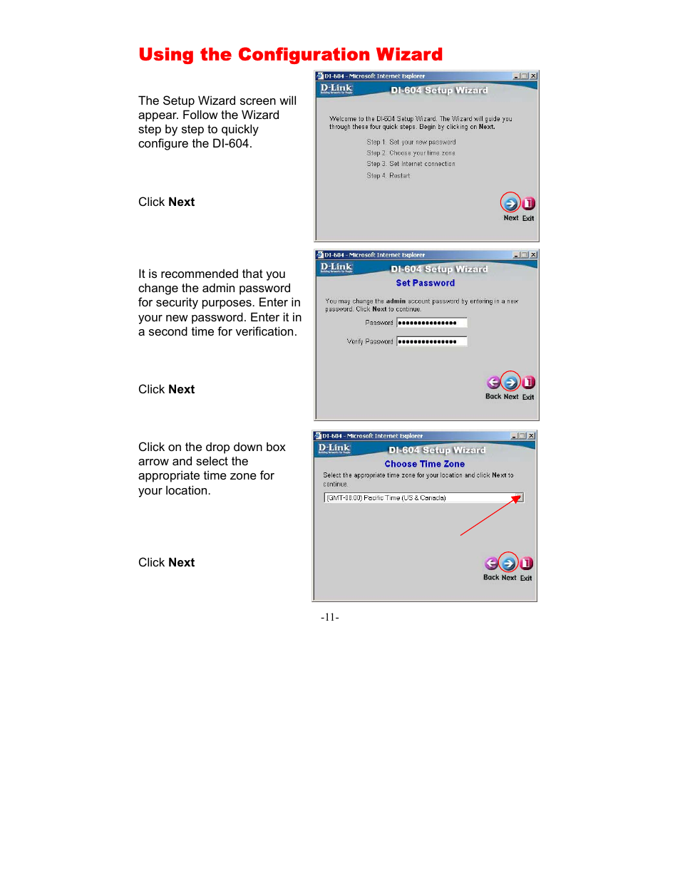 Using the configuration wizard | D-Link DI-604 User Manual | Page 11 / 79