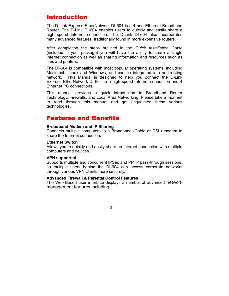 Introduction, Features and benefits | D-Link DI-604 User Manual | Page 3 / 79