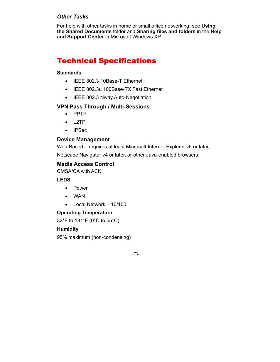 Technical specifications | D-Link DI-604 User Manual | Page 73 / 79
