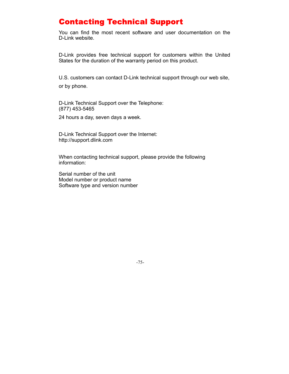 Contacting technical support | D-Link DI-604 User Manual | Page 75 / 79