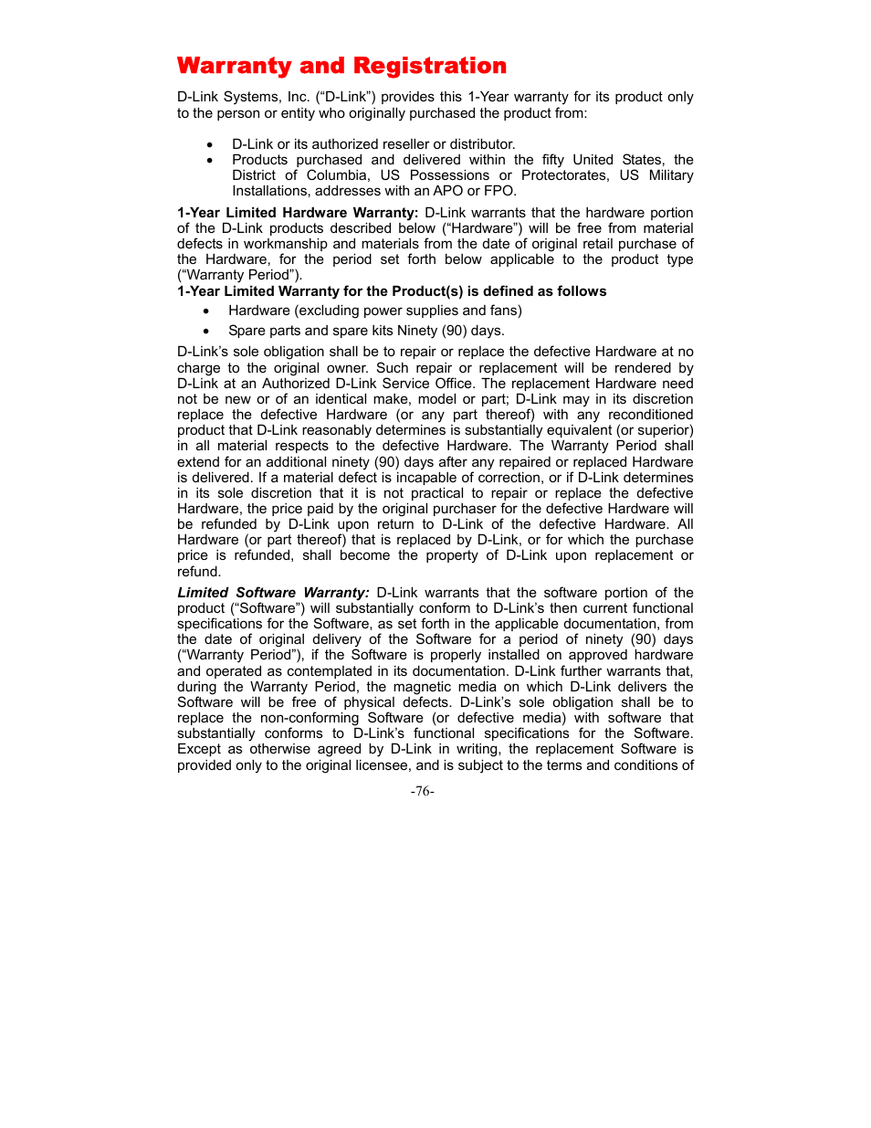 Warranty and registration | D-Link DI-604 User Manual | Page 76 / 79