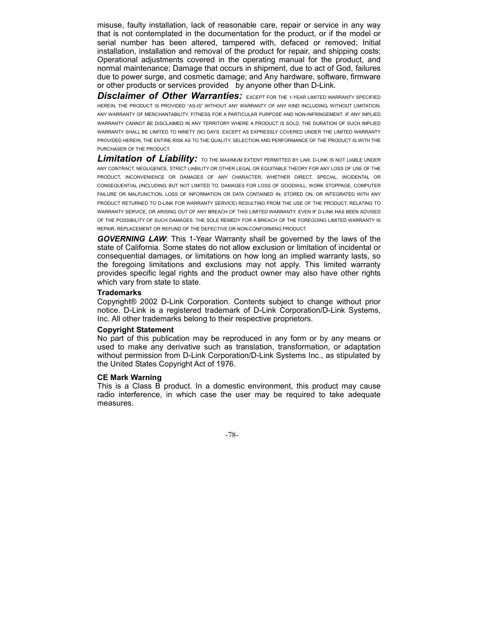 Disclaimer of other warranties, Limitation of liability | D-Link DI-604 User Manual | Page 78 / 79