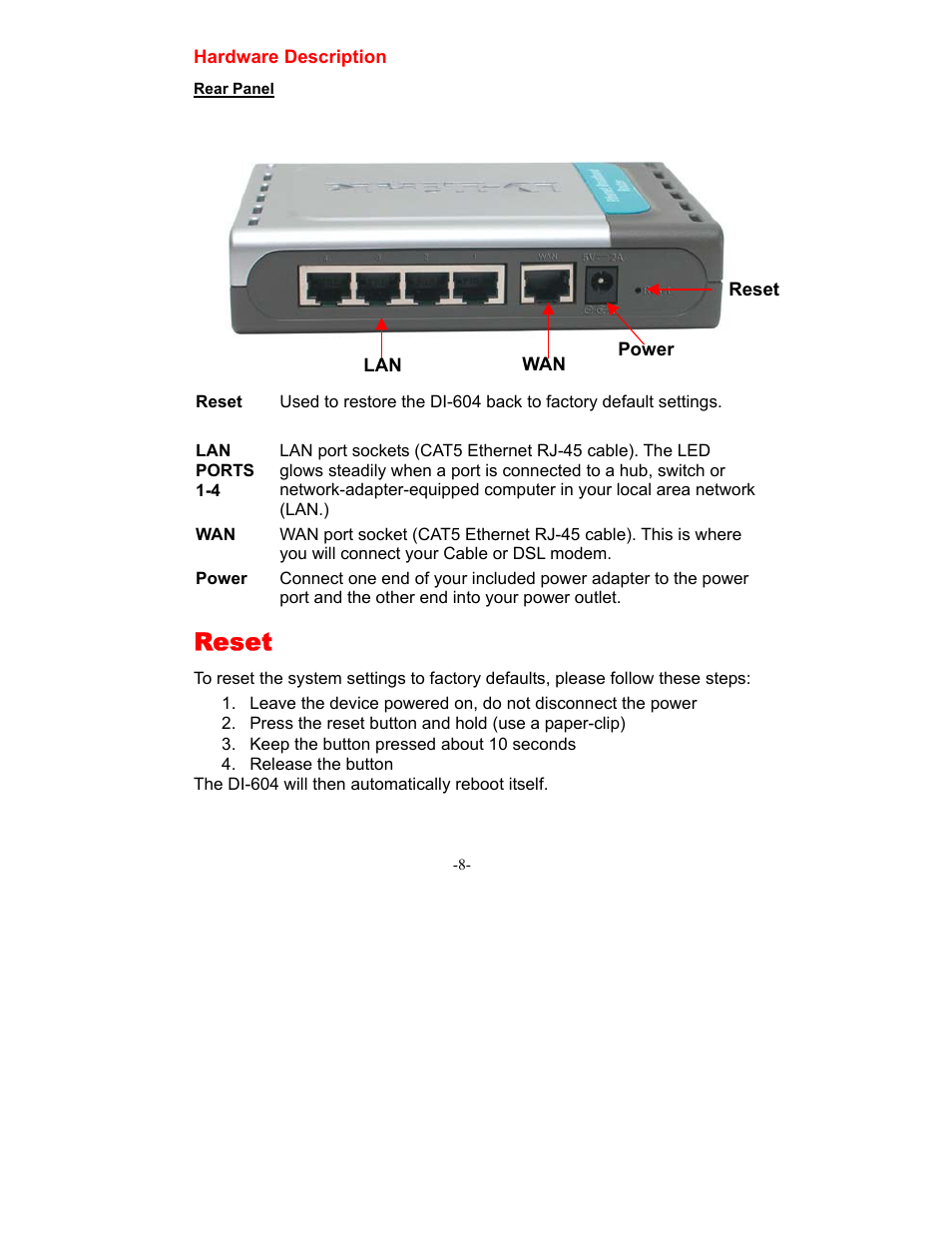 Reset | D-Link DI-604 User Manual | Page 8 / 79