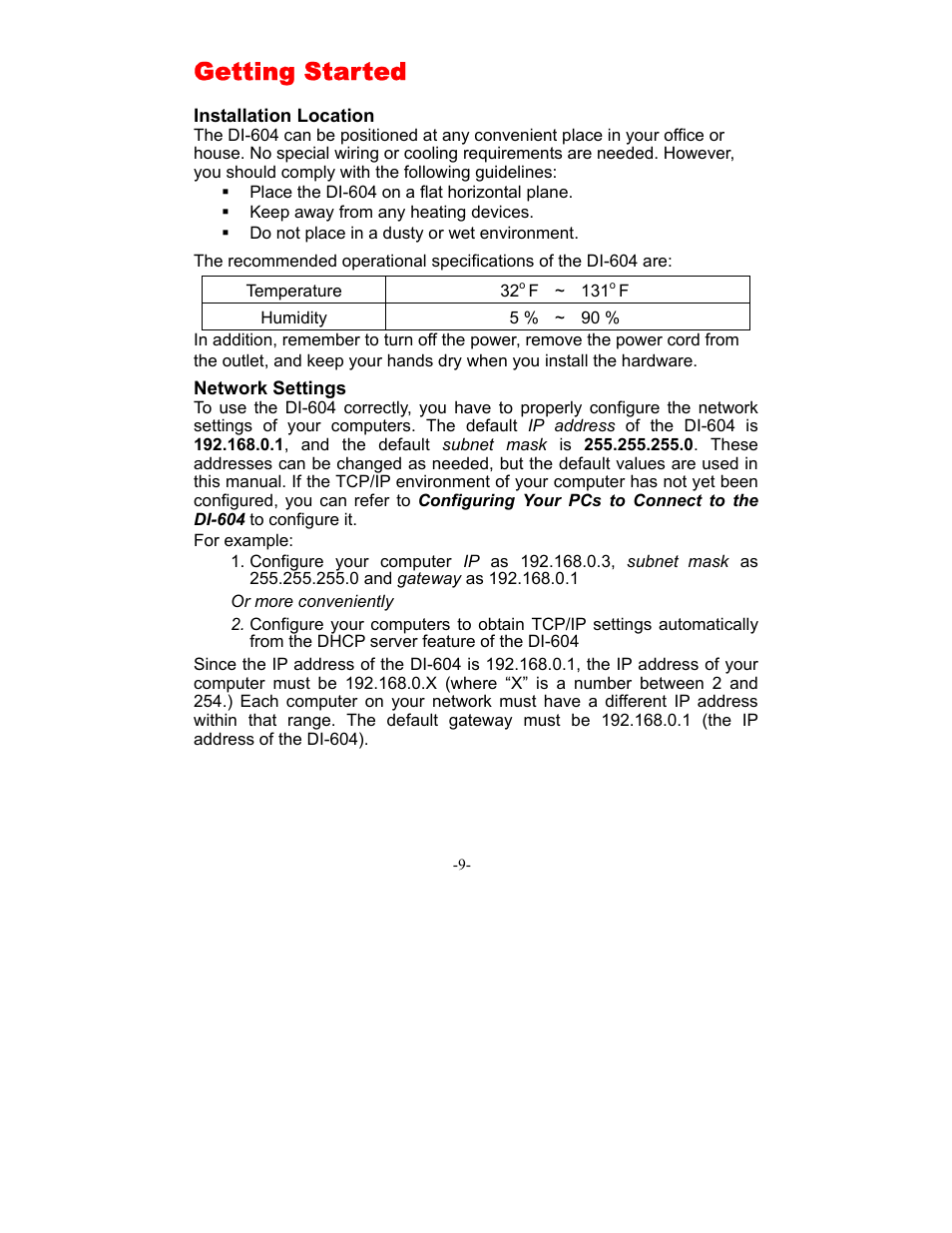 Getting started | D-Link DI-604 User Manual | Page 9 / 79