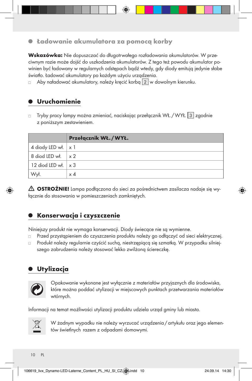 Ładowanie akumulatora za pomocą korby, Uruchomienie, Konserwacja i czyszczenie | Utylizacja | Livarno Z31095 User Manual | Page 10 / 33