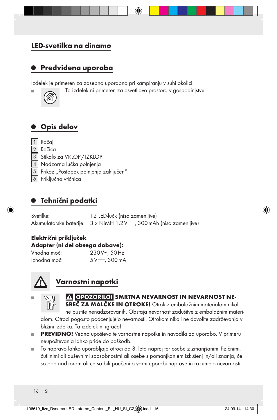 Led-svetilka na dinamo, Predvidena uporaba, Opis delov | Tehnični podatki, Varnostni napotki | Livarno Z31095 User Manual | Page 16 / 33
