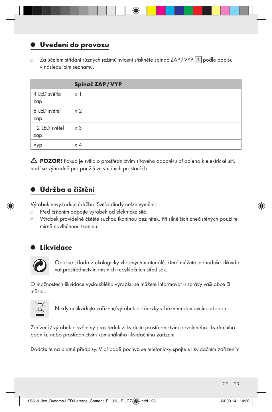Uvedení do provozu, Údržba a čištění, Likvidace | Livarno Z31095 User Manual | Page 23 / 33