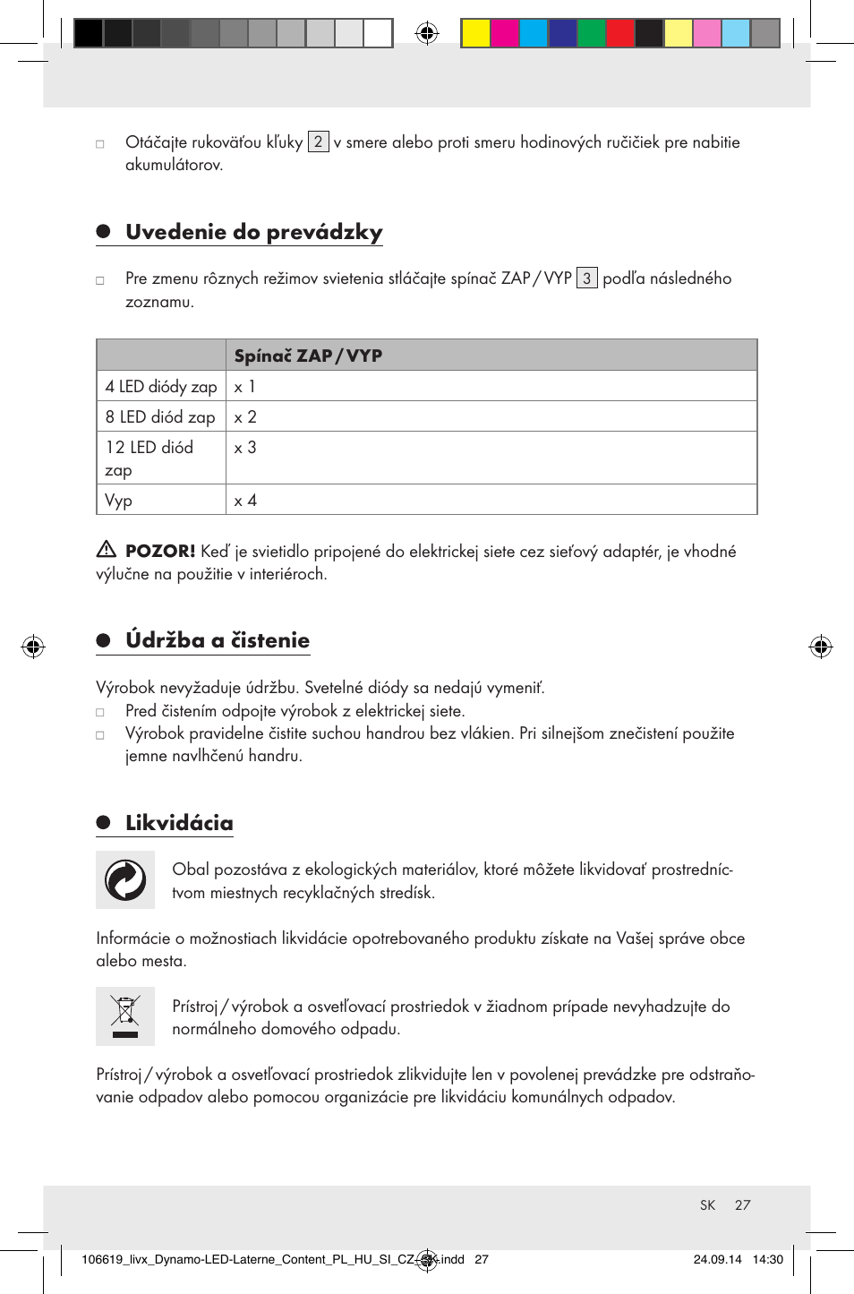 Uvedenie do prevádzky, Údržba a čistenie, Likvidácia | Livarno Z31095 User Manual | Page 27 / 33
