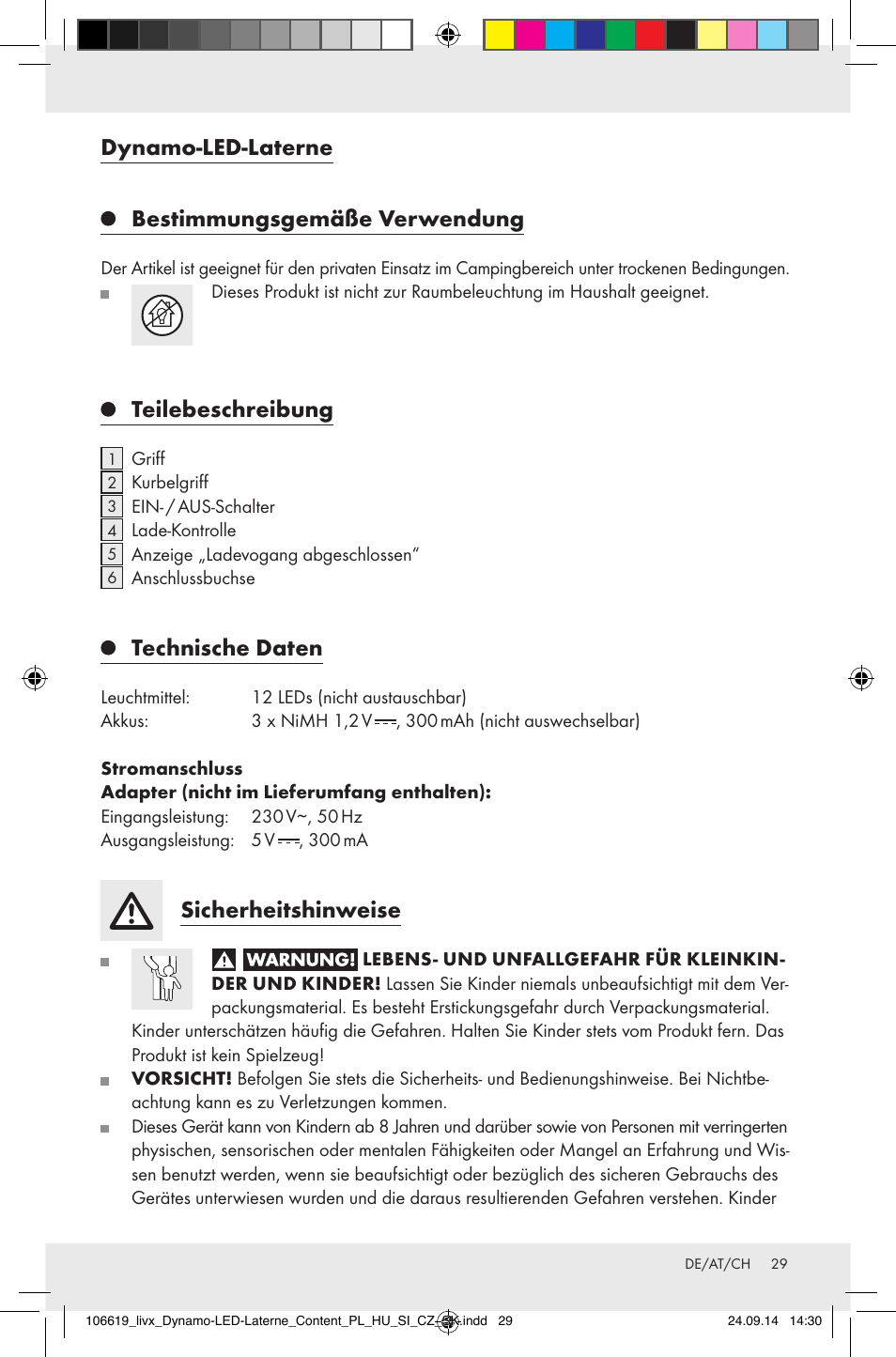 Dynamo-led-laterne, Bestimmungsgemäße verwendung, Teilebeschreibung | Technische daten, Sicherheitshinweise | Livarno Z31095 User Manual | Page 29 / 33