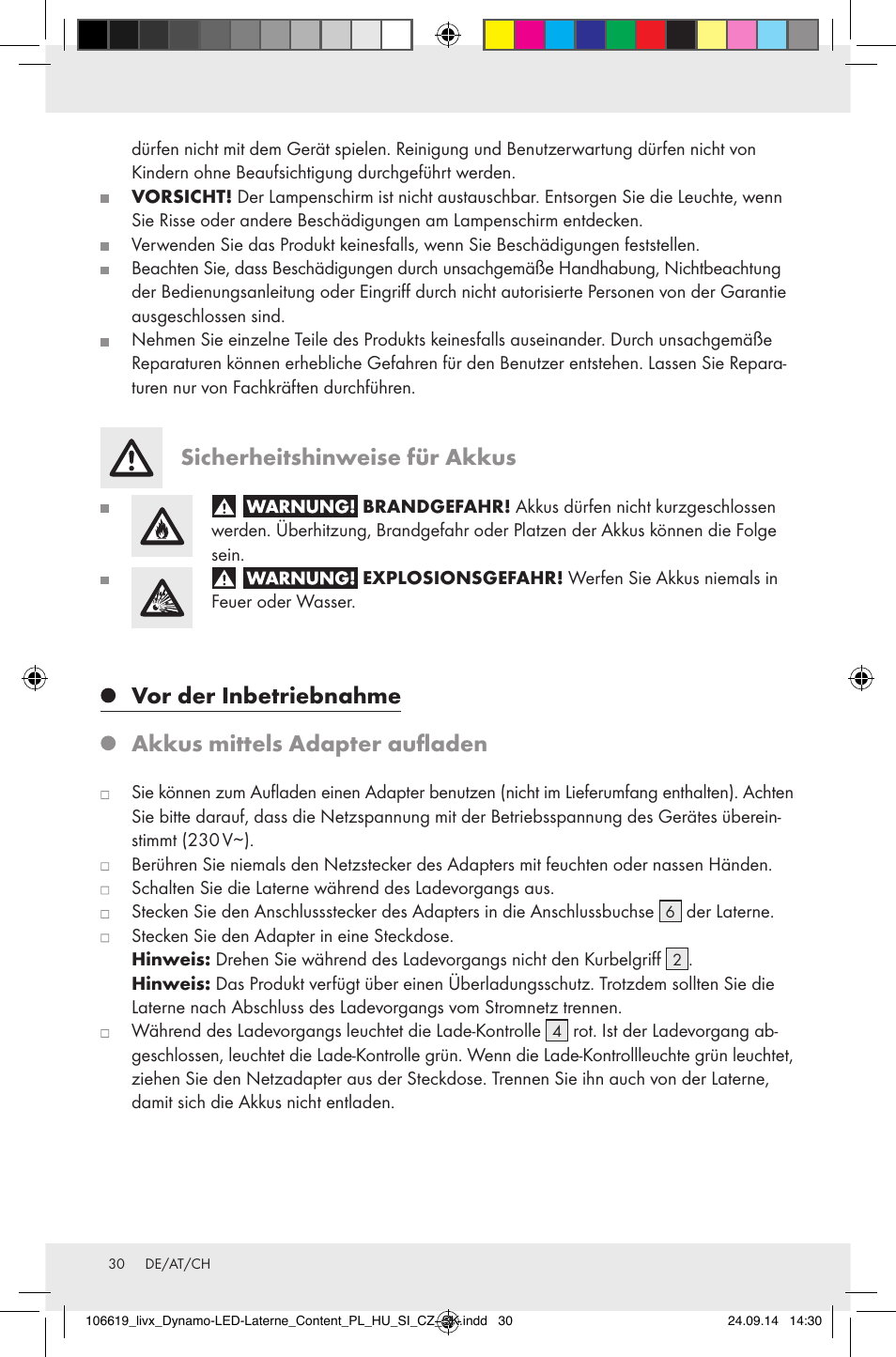 Sicherheitshinweise für akkus, Vor der inbetriebnahme, Akkus mittels adapter aufladen | Livarno Z31095 User Manual | Page 30 / 33