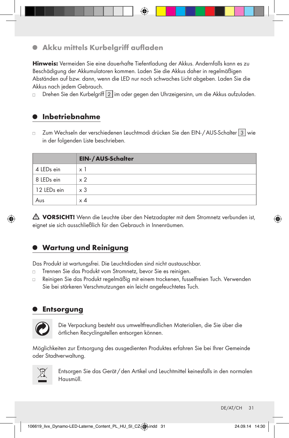 Akku mittels kurbelgriff aufladen, Inbetriebnahme, Wartung und reinigung | Entsorgung | Livarno Z31095 User Manual | Page 31 / 33