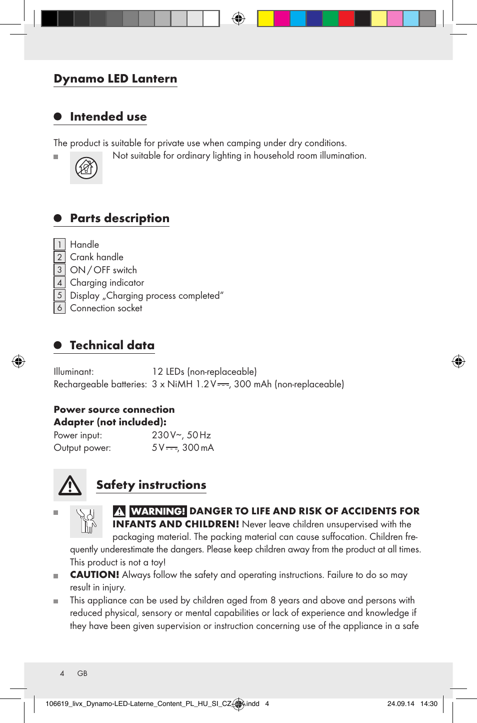 Dynamo led lantern, Intended use, Parts description | Technical data, Safety instructions | Livarno Z31095 User Manual | Page 4 / 33