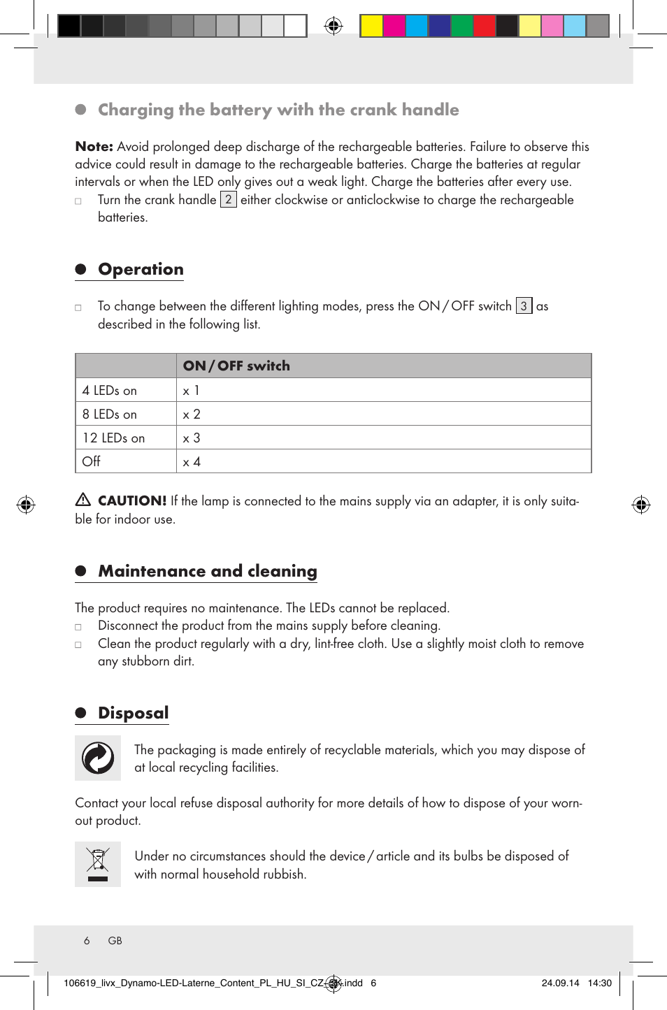 Charging the battery with the crank handle, Operation, Maintenance and cleaning | Disposal | Livarno Z31095 User Manual | Page 6 / 33
