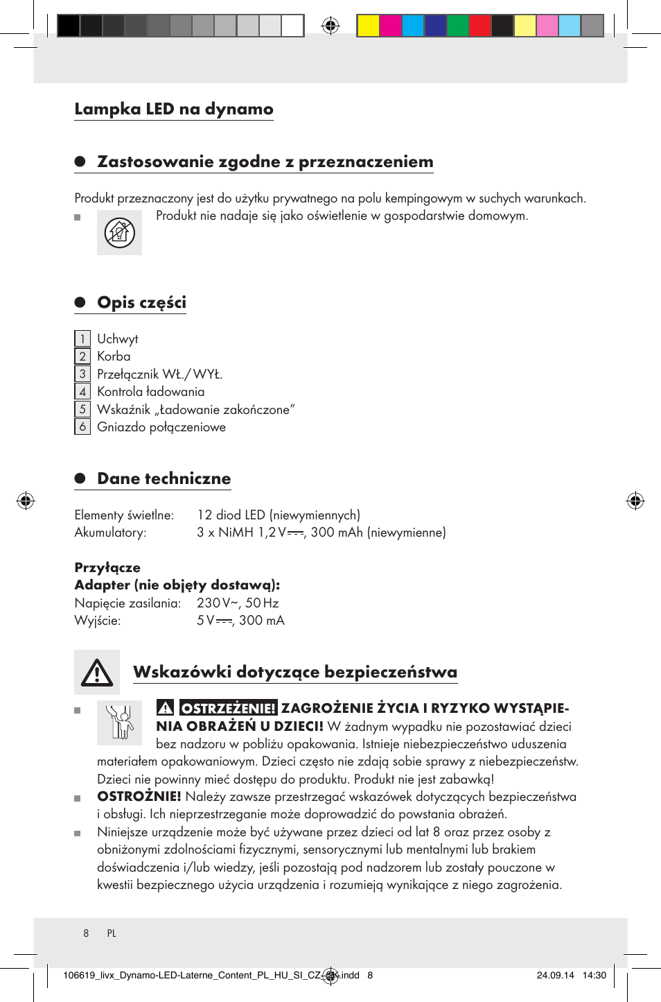 Lampka led na dynamo, Zastosowanie zgodne z przeznaczeniem, Opis części | Dane techniczne, Wskazówki dotyczące bezpieczeństwa | Livarno Z31095 User Manual | Page 8 / 33