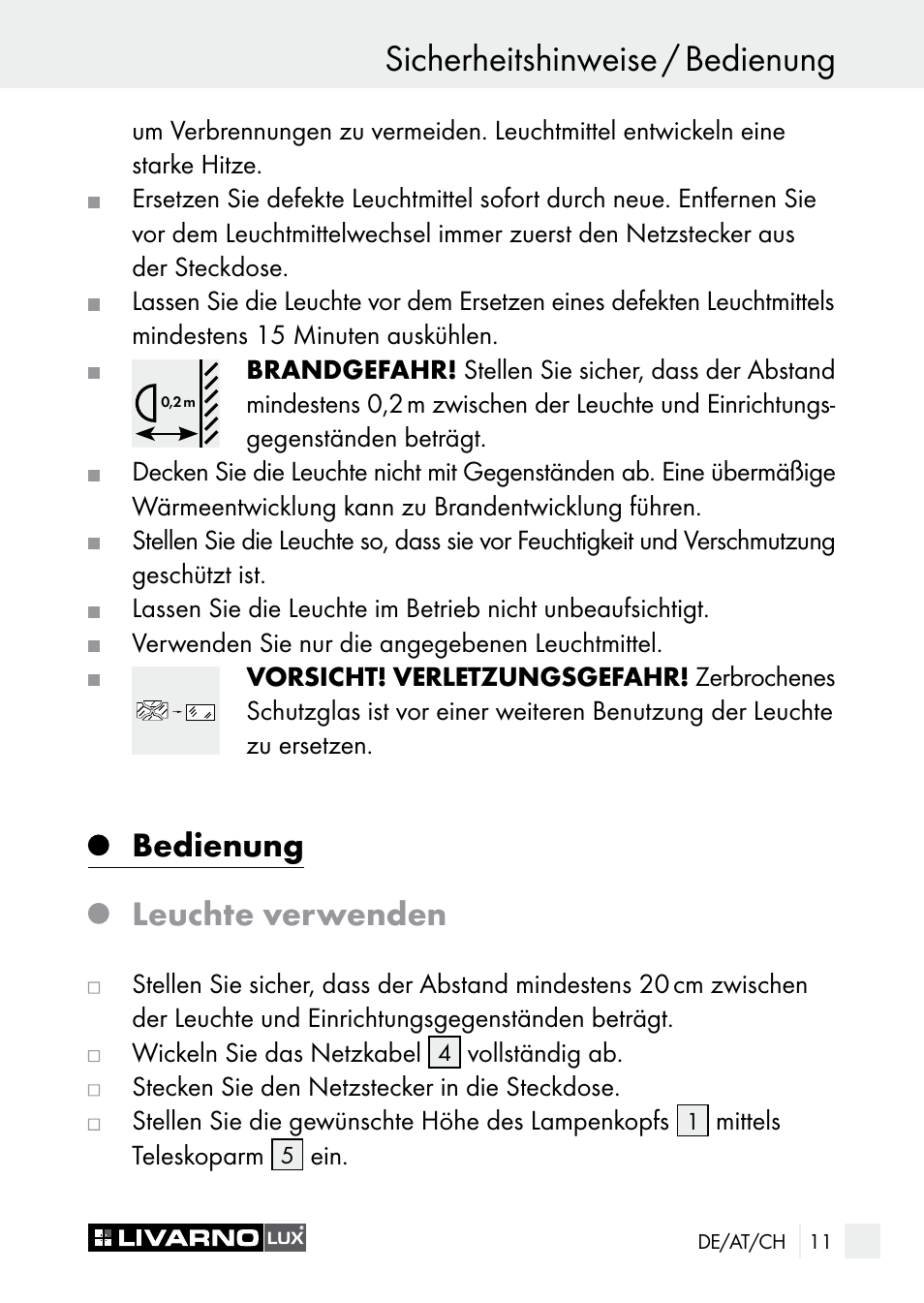 Sicherheitshinweise / bedienung, Bedienung leuchte verwenden | Livarno 7596-01хL User Manual | Page 11 / 53