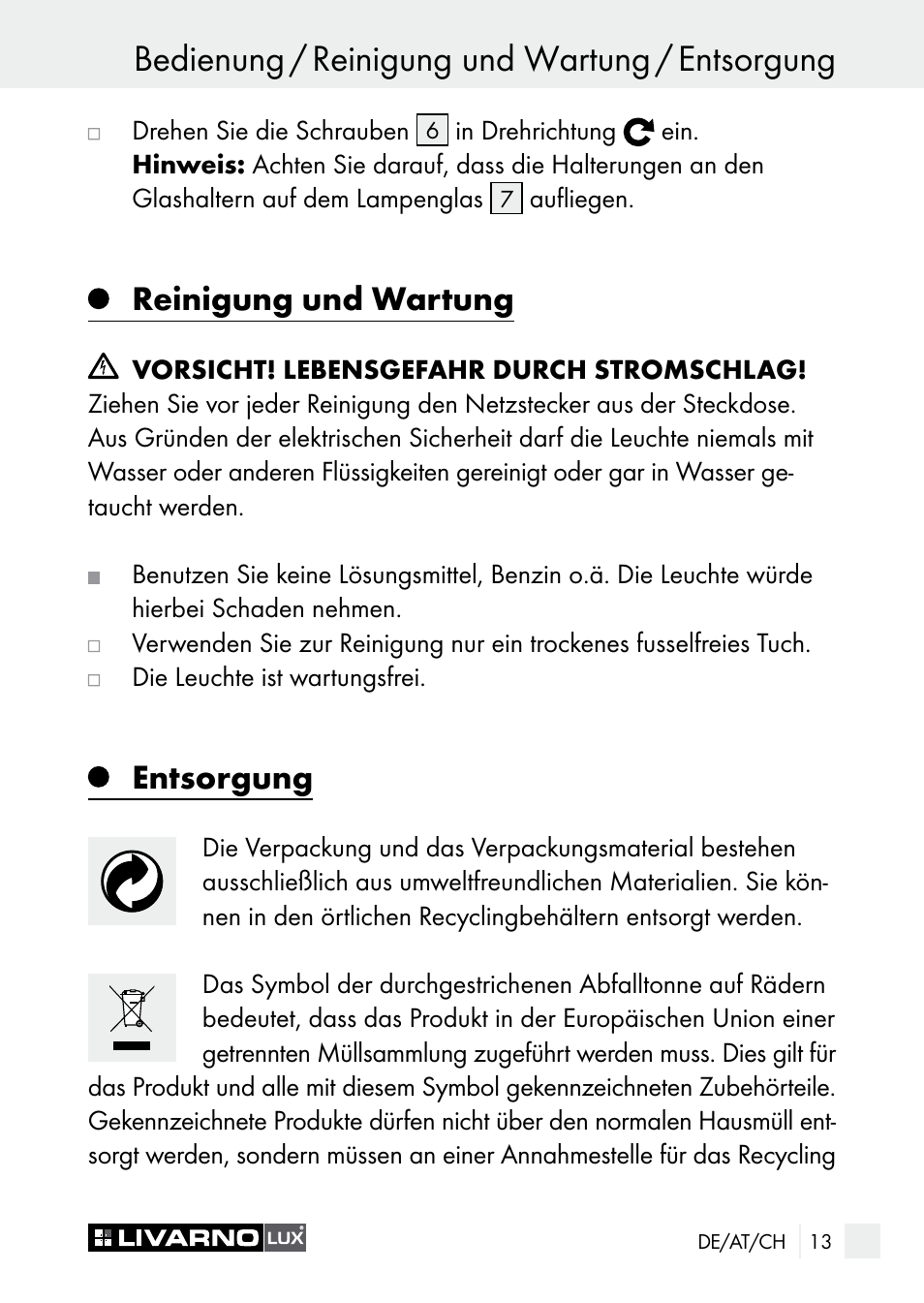 Bedienung / reinigung und wartung / entsorgung, Reinigung und wartung, Entsorgung | Livarno 7596-01хL User Manual | Page 13 / 53
