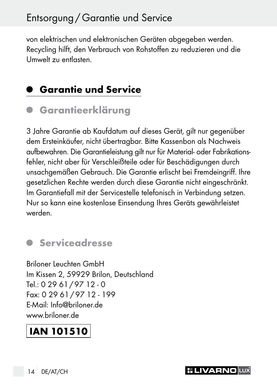 Entsorgung / garantie und service | Livarno 7596-01хL User Manual | Page 14 / 53