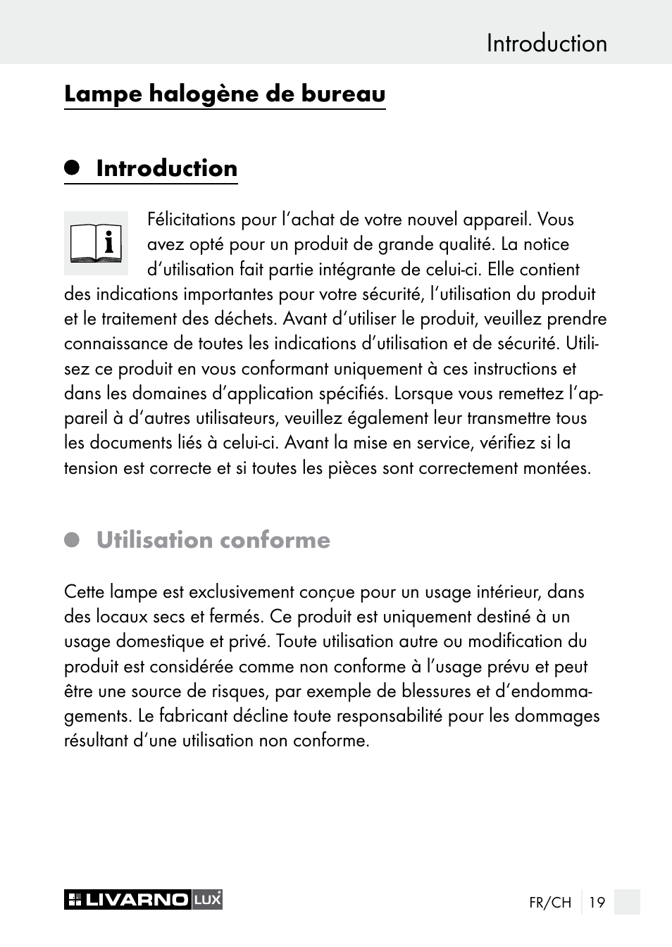 Introduction, Lampe halogène de bureau introduction, Utilisation conforme | Livarno 7596-01хL User Manual | Page 19 / 53