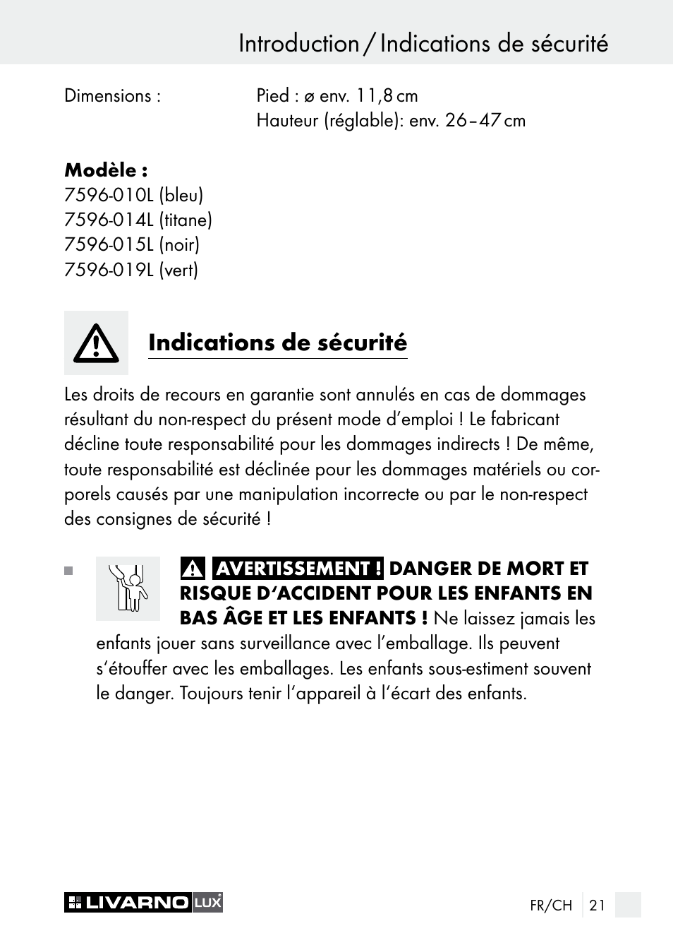 Introduction / indications de sécurité, Indications de sécurité | Livarno 7596-01хL User Manual | Page 21 / 53