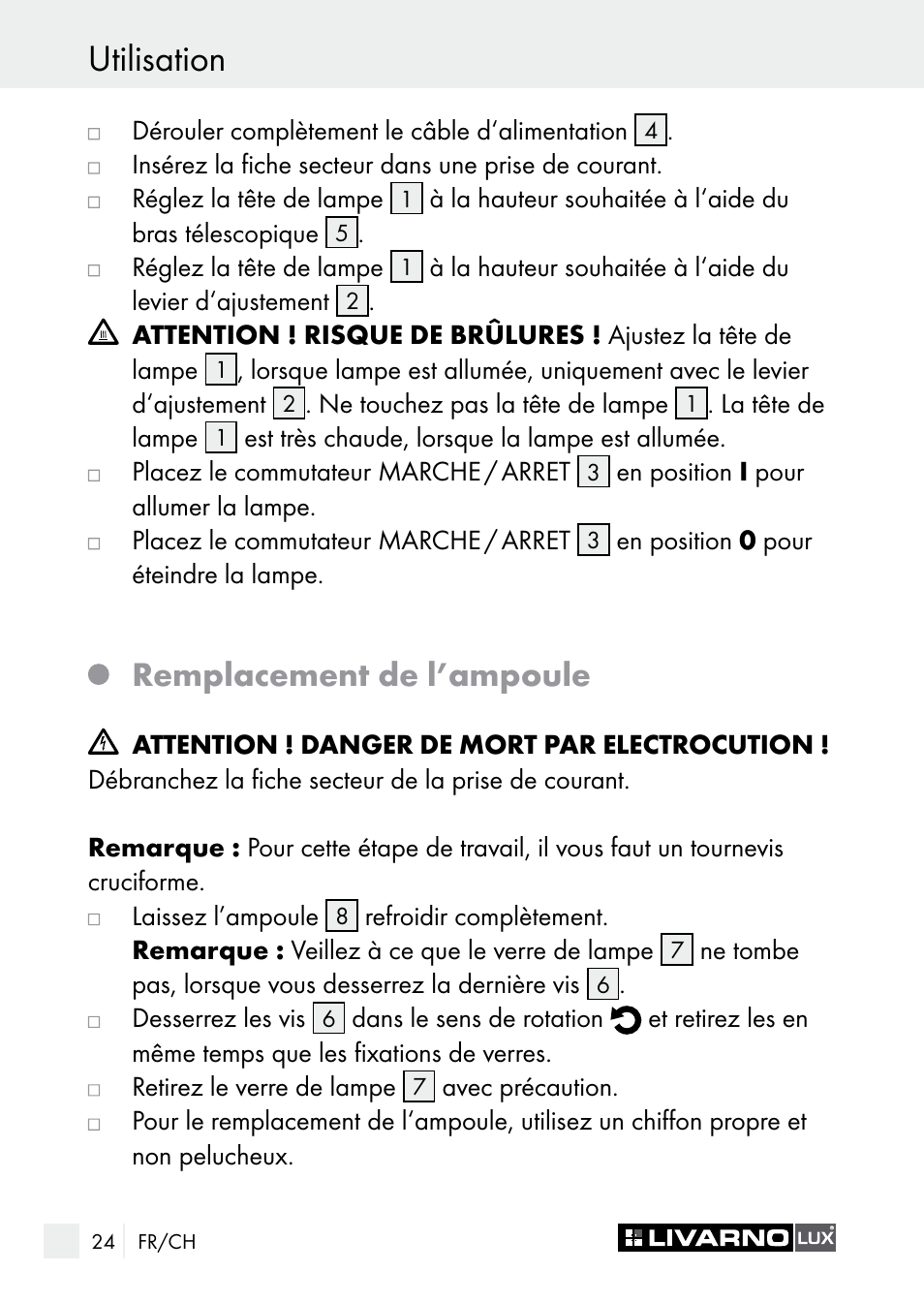 Utilisation, Remplacement de l’ampoule | Livarno 7596-01хL User Manual | Page 24 / 53