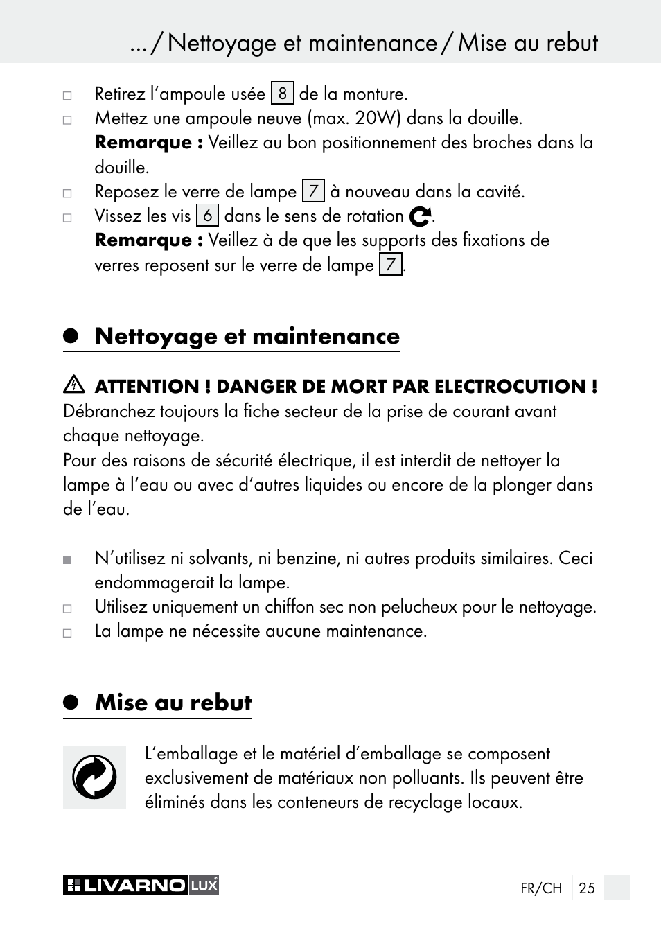 Nettoyage et maintenance / mise au rebut, Nettoyage et maintenance, Mise au rebut | Livarno 7596-01хL User Manual | Page 25 / 53