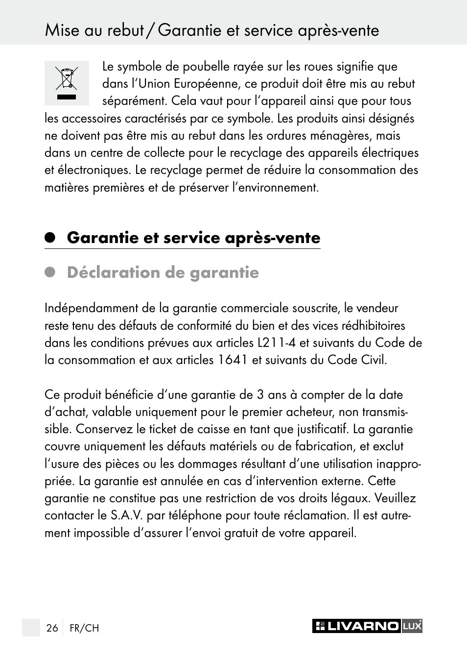 Mise au rebut / garantie et service après-vente | Livarno 7596-01хL User Manual | Page 26 / 53