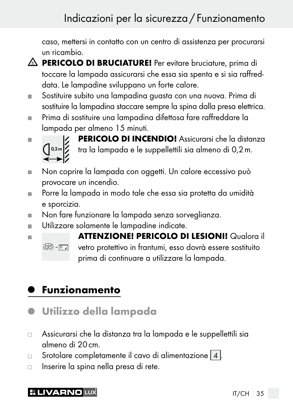 Indicazioni per la sicurezza / funzionamento, Funzionamento utilizzo della lampada | Livarno 7596-01хL User Manual | Page 35 / 53