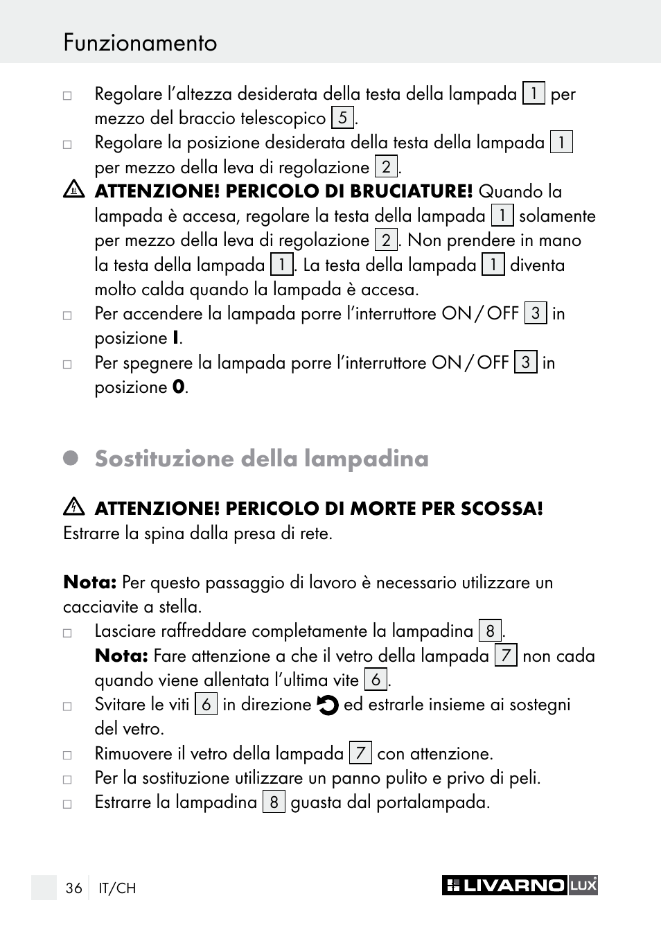 Funzionamento, Sostituzione della lampadina | Livarno 7596-01хL User Manual | Page 36 / 53