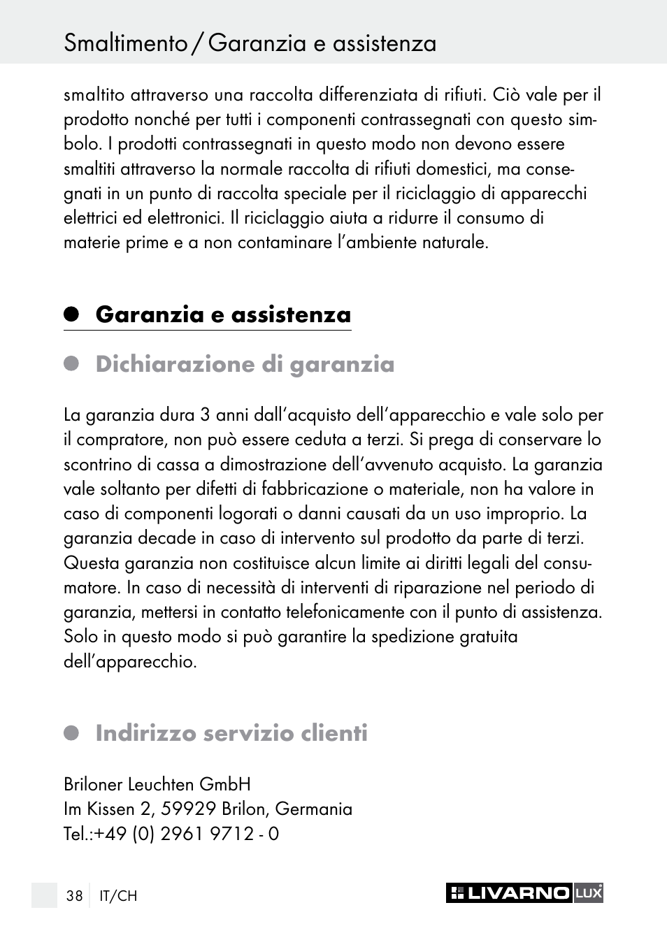 Smaltimento / garanzia e assistenza | Livarno 7596-01хL User Manual | Page 38 / 53