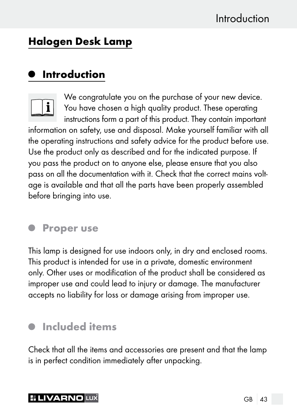 Introduction, Halogen desk lamp, Proper use | Included items | Livarno 7596-01хL User Manual | Page 43 / 53