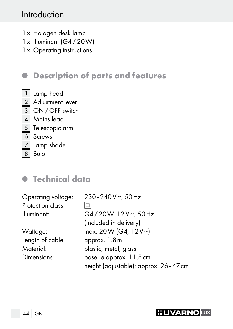 Introduction, Description of parts and features, Technical data | Livarno 7596-01хL User Manual | Page 44 / 53