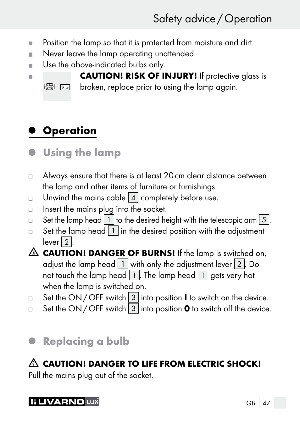 Safety advice / operation, Operation using the lamp, Replacing a bulb | Livarno 7596-01хL User Manual | Page 47 / 53