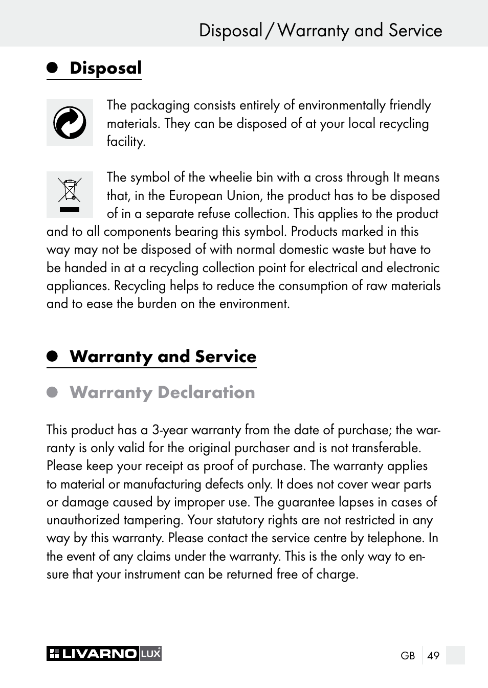 Disposal / warranty and service, Disposal, Warranty and service warranty declaration | Livarno 7596-01хL User Manual | Page 49 / 53