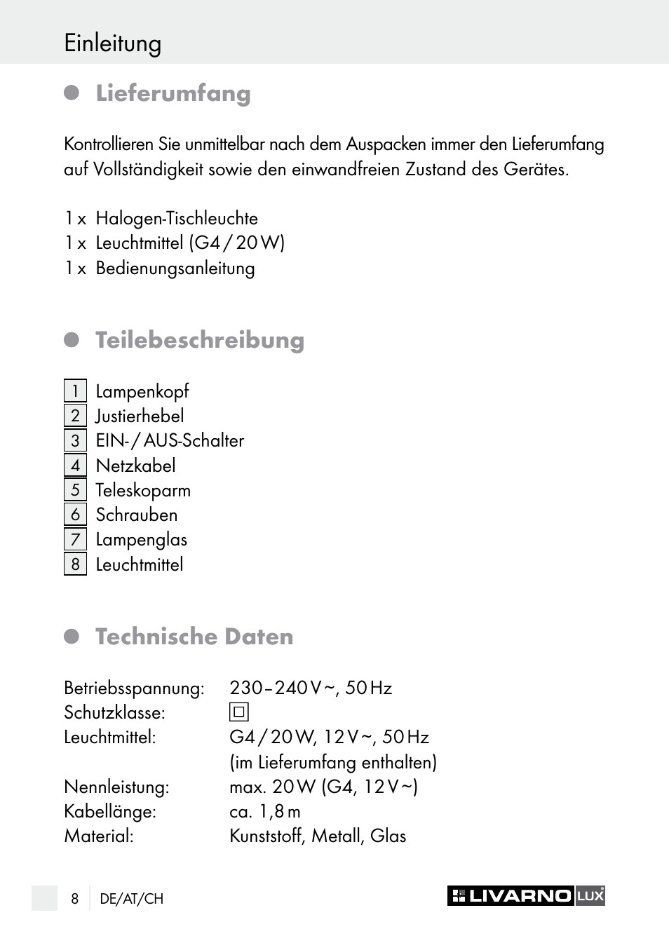 Einleitung, Lieferumfang, Teilebeschreibung | Technische daten | Livarno 7596-01хL User Manual | Page 8 / 53