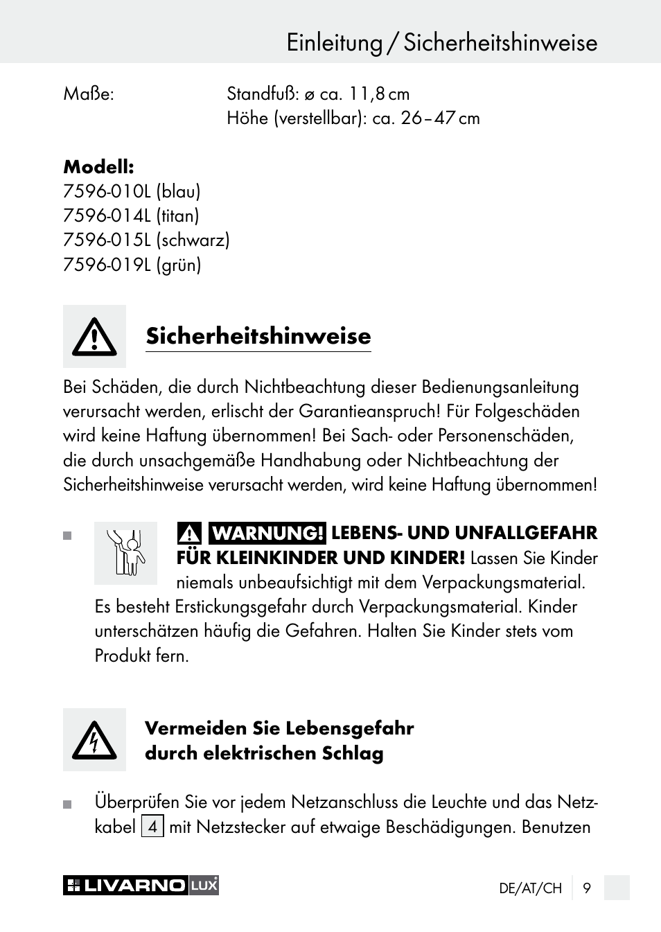 Einleitung / sicherheitshinweise, Sicherheitshinweise | Livarno 7596-01хL User Manual | Page 9 / 53