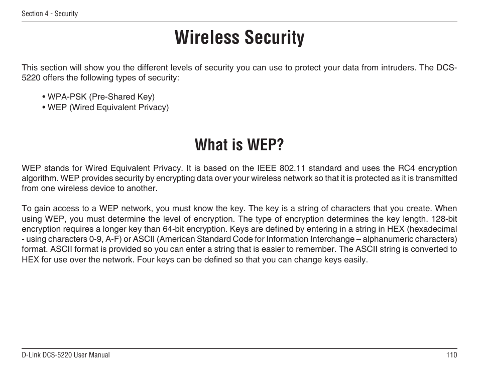 Wireless security, What is wep | D-Link DCS-5220 User Manual | Page 110 / 140