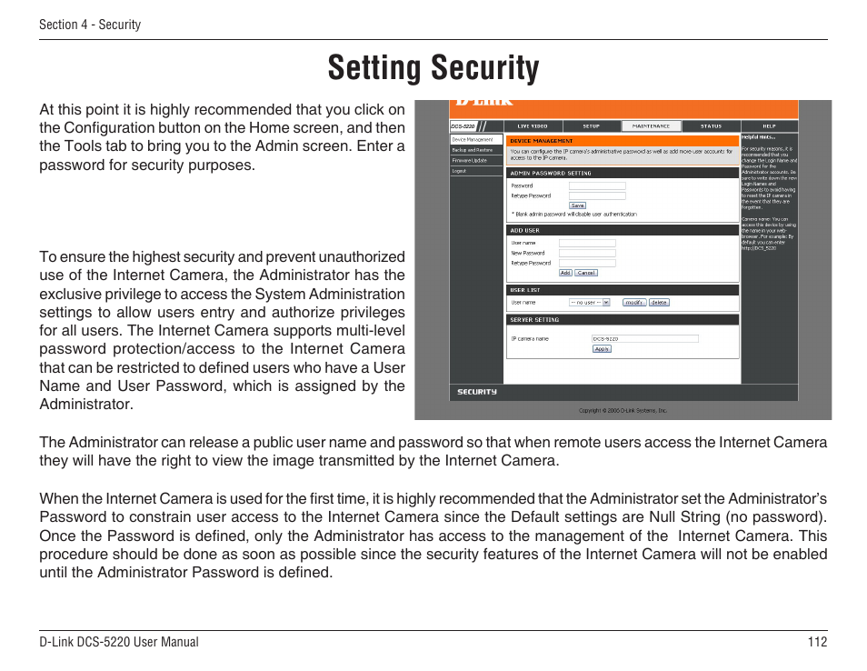 Setting security | D-Link DCS-5220 User Manual | Page 112 / 140