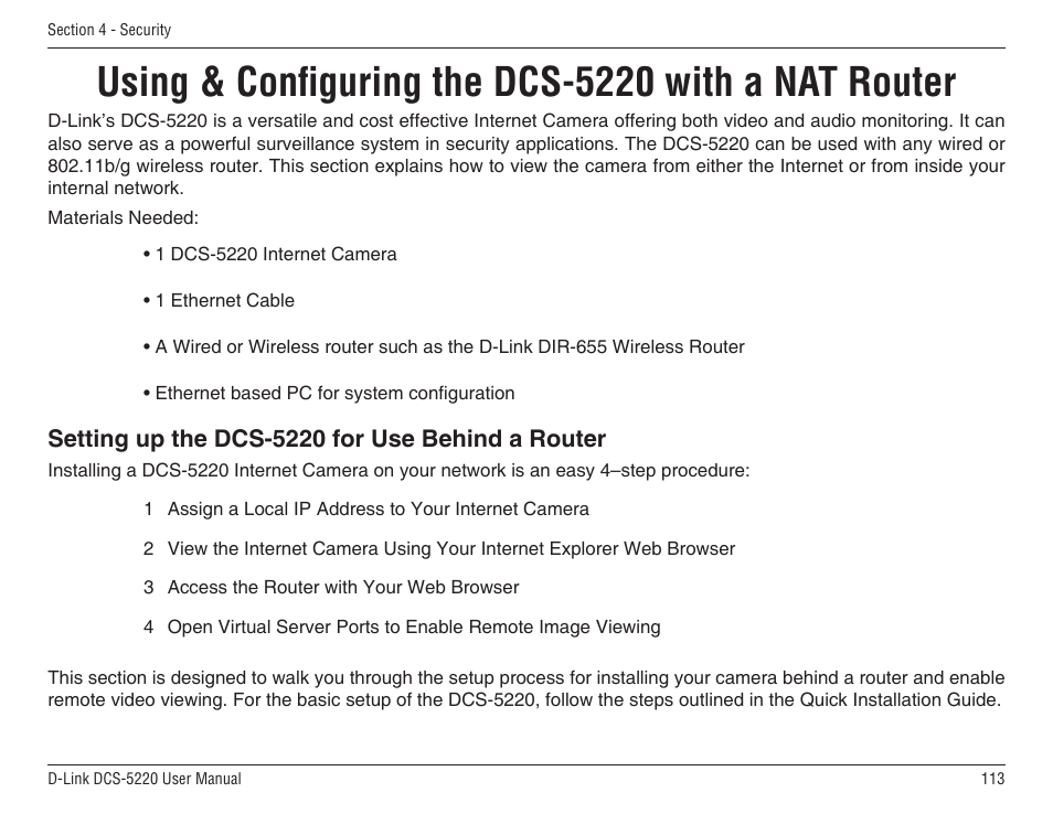 Using & configuring the dcs-5220 with a nat router, Setting up the dcs-5220 for use behind a router | D-Link DCS-5220 User Manual | Page 113 / 140