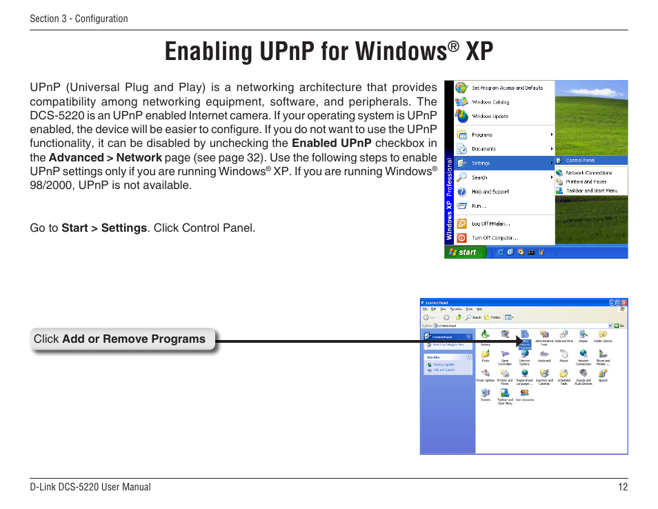Enabling upnp for windows | D-Link DCS-5220 User Manual | Page 12 / 140