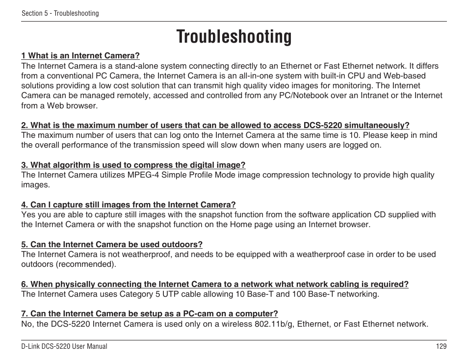 Troubleshooting | D-Link DCS-5220 User Manual | Page 129 / 140