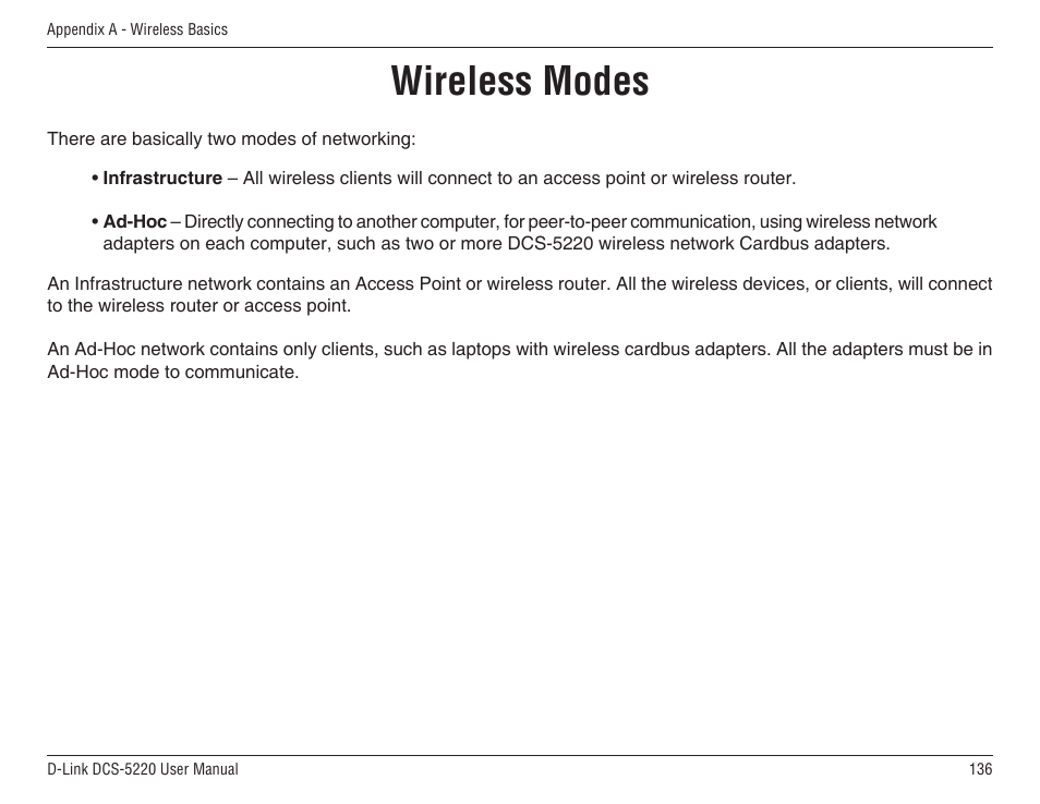 Wireless modes | D-Link DCS-5220 User Manual | Page 136 / 140